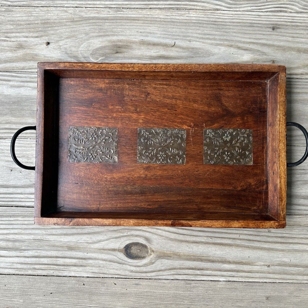 Wood Serving Tray Metal Handles Floral Inlay Rustic Coffee Table Ottoman Decor